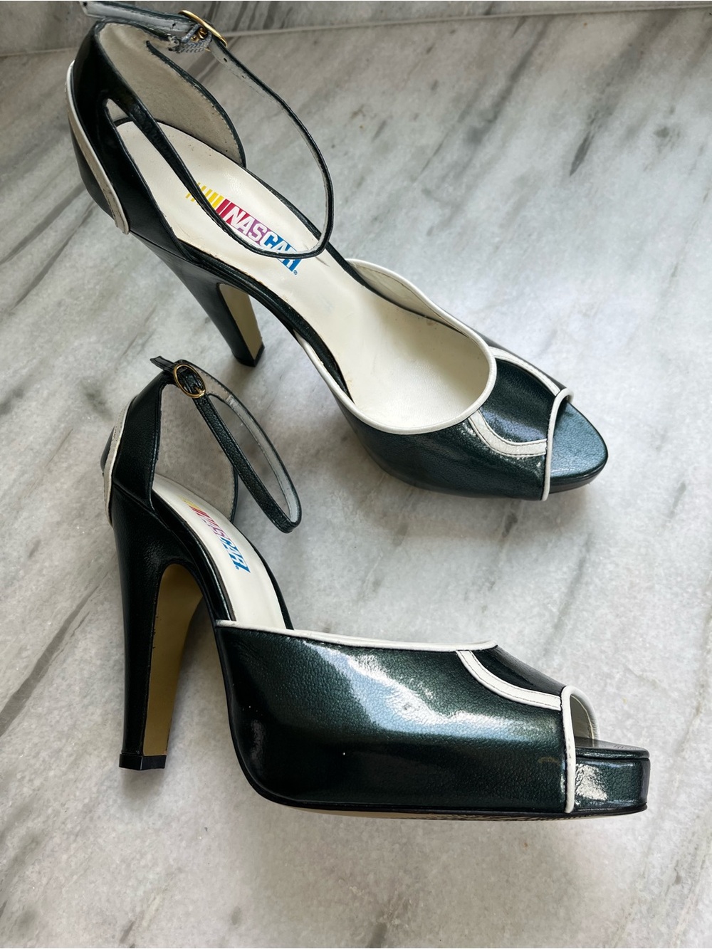 Nascar Dark Green Peep-Toe Ankle Strap Heels with White Trim - Picture 3 of 15